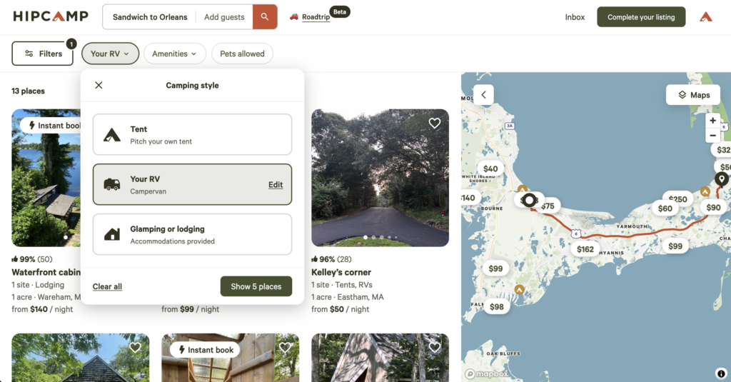 screen photo of hipcamp search tool for finding campsites along the way